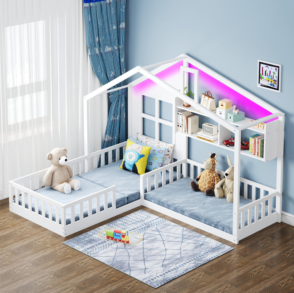KINDERBETT 90/200 cm und 70/140 cm, Weiß mit LED-Beleuchtung und Regalen - Weiß, Holz (90/200cm) - MIVRAY