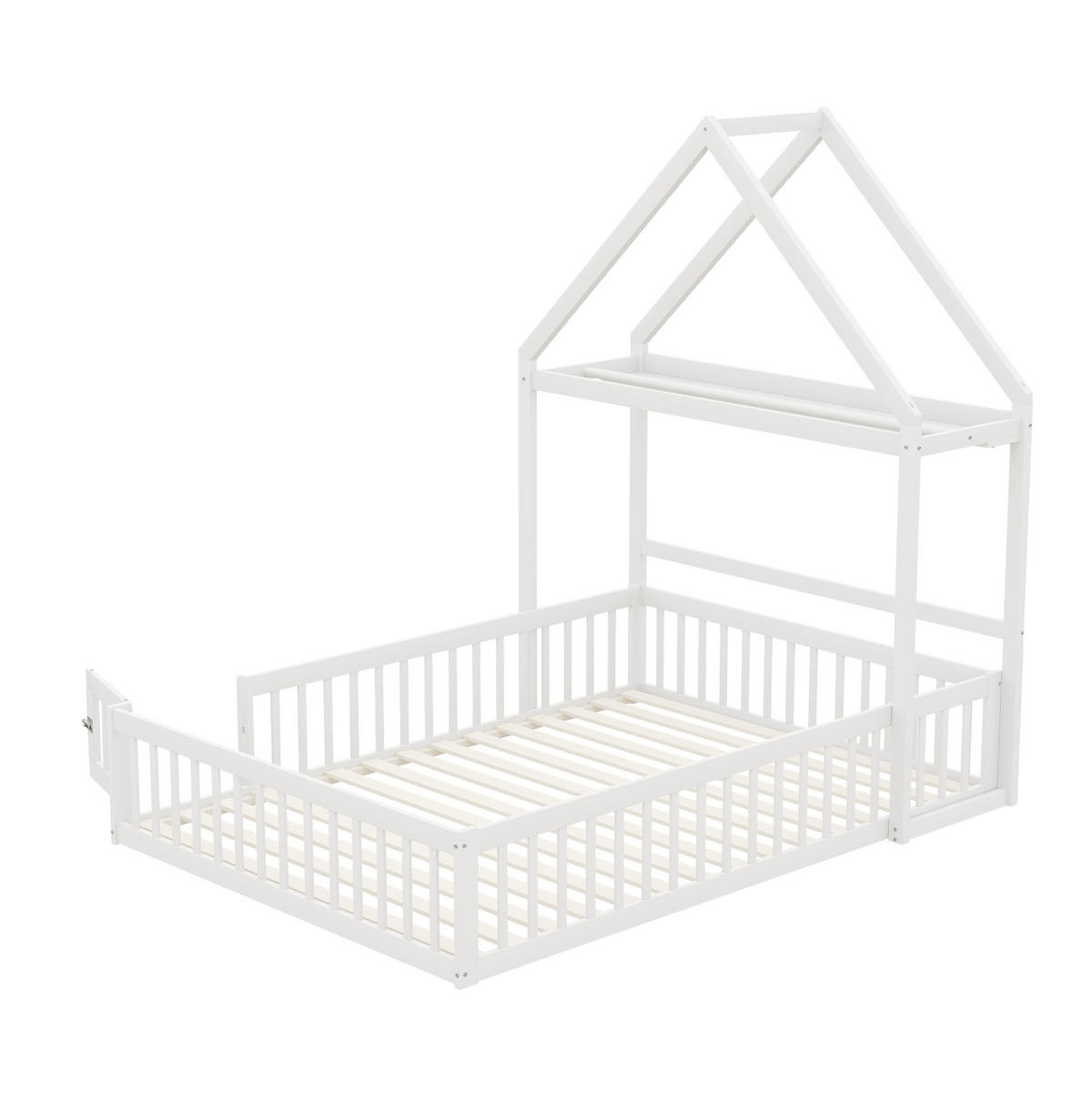 HAUSBETT 140/200 cm Weiß aus Massivholz mit Stauraum und Lattenrost - Weiß, Holz (140/200cm) - OKWISH