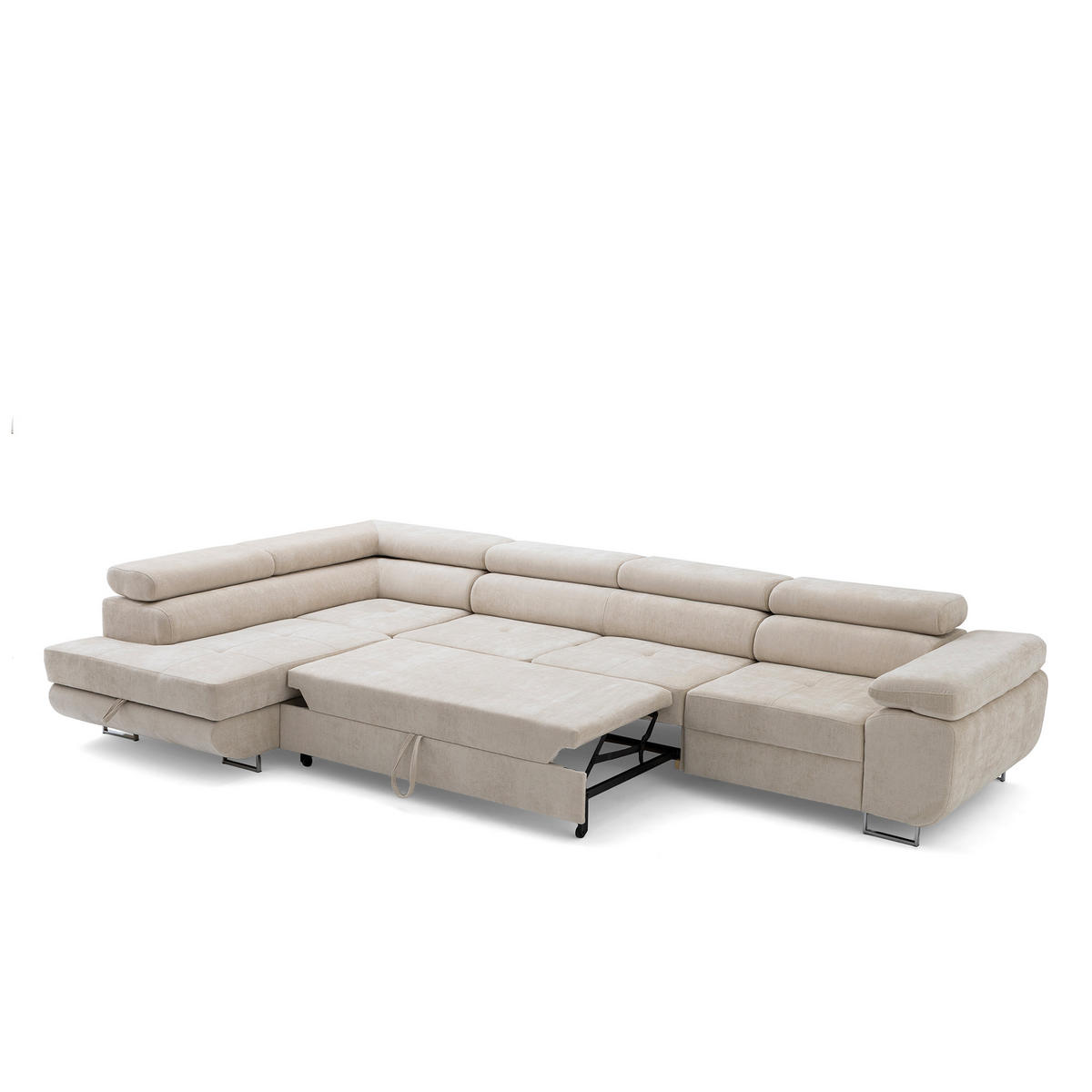 ECKSOFA WILD MAXI L Links mit Schlaffunktion 125x195 Chenille Beige - Chromfarben/Beige, Holz/Textil (350/203cm) - Muffo
