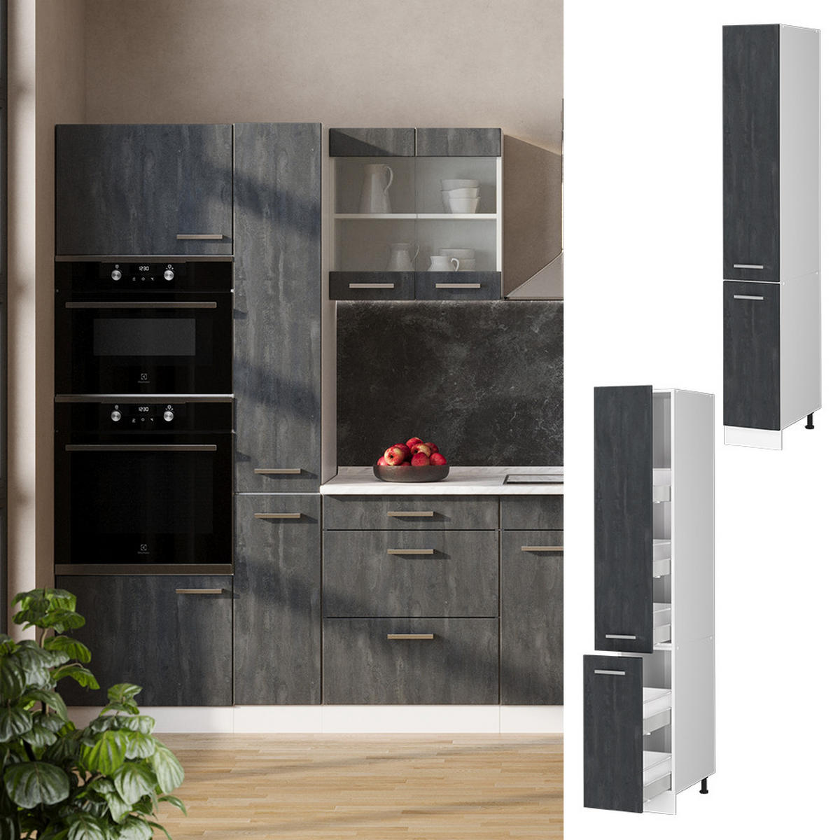 APOTHEKERSCHRANK R-Line Schwarz Beton 30 cm - Schwarz/Weiß, Holzwerkstoff (30/206.8/57.2cm) - Vicco