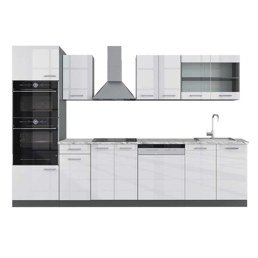 KÜCHENZEILE R-Line Weiß Hochglanz/Anthrazit 300 cm mit Hochschrank AP Marmor - Weiß Hochglanz/Anthrazit, Holzwerkstoff (300/81.6/60cm) - Vicco