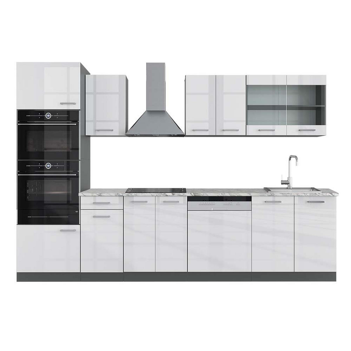 KÜCHENZEILE R-Line Weiß Hochglanz/Anthrazit 300 cm mit Hochschrank AP Marmor - Weiß Hochglanz/Anthrazit, Holzwerkstoff (300/81.6/60cm) - Vicco