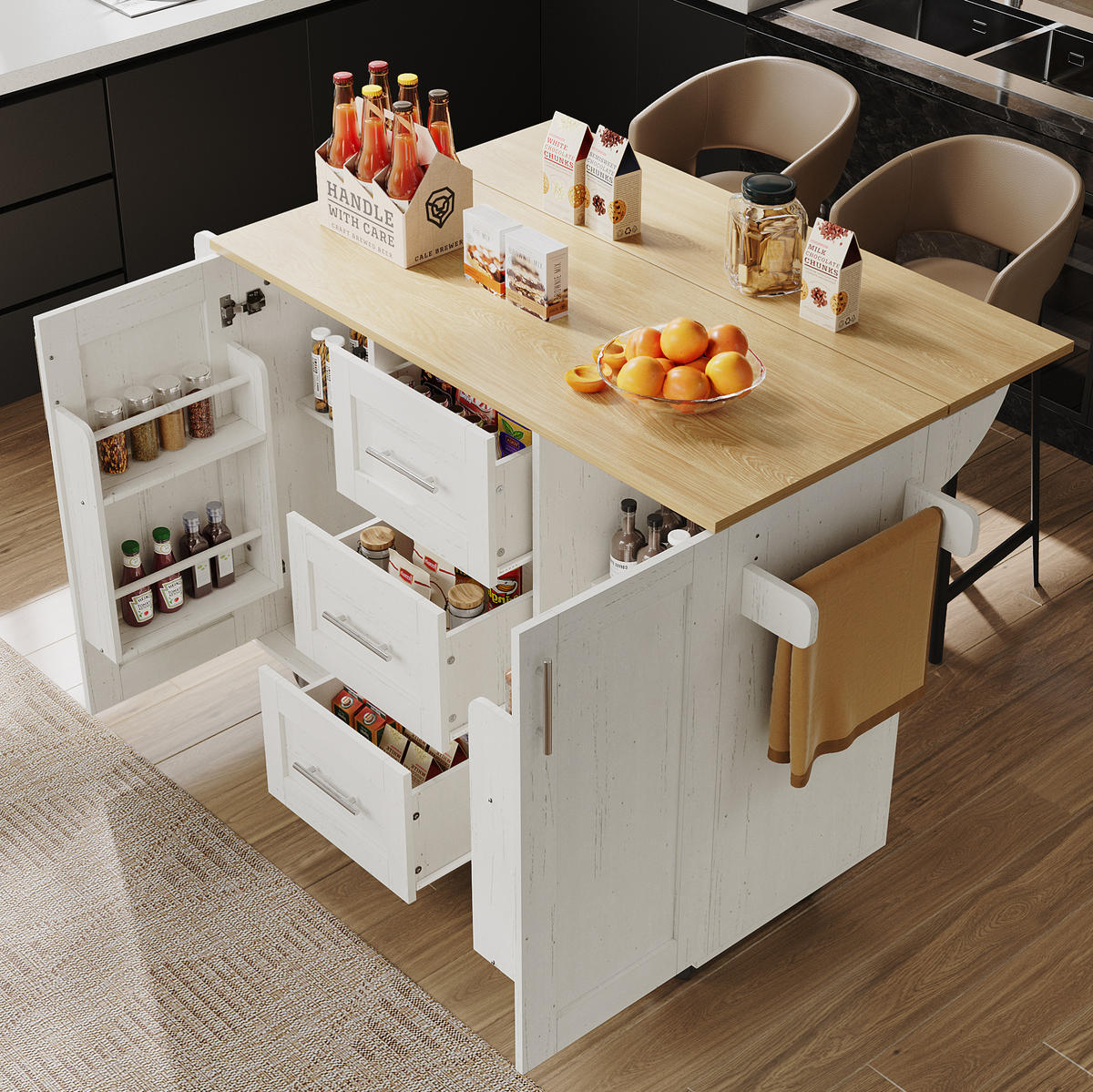 KÜCHENWAGEN 135x74x87.2cm Weiß mit Klappseiten, 3 Schubladen, Snackregal & 5 Rollen - Weiß, Holzwerkstoff (135/87.2/74cm) - Modfu