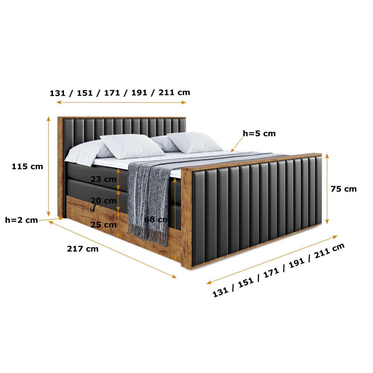 BOXSPRINGBETT mit Matratze H3|H4 und Lattenrost - LOLLI4-Z KING-120x200 - Schwarz Kunstleder - Schwarz, Holzwerkstoff (120/200cm) - ALTDECOR