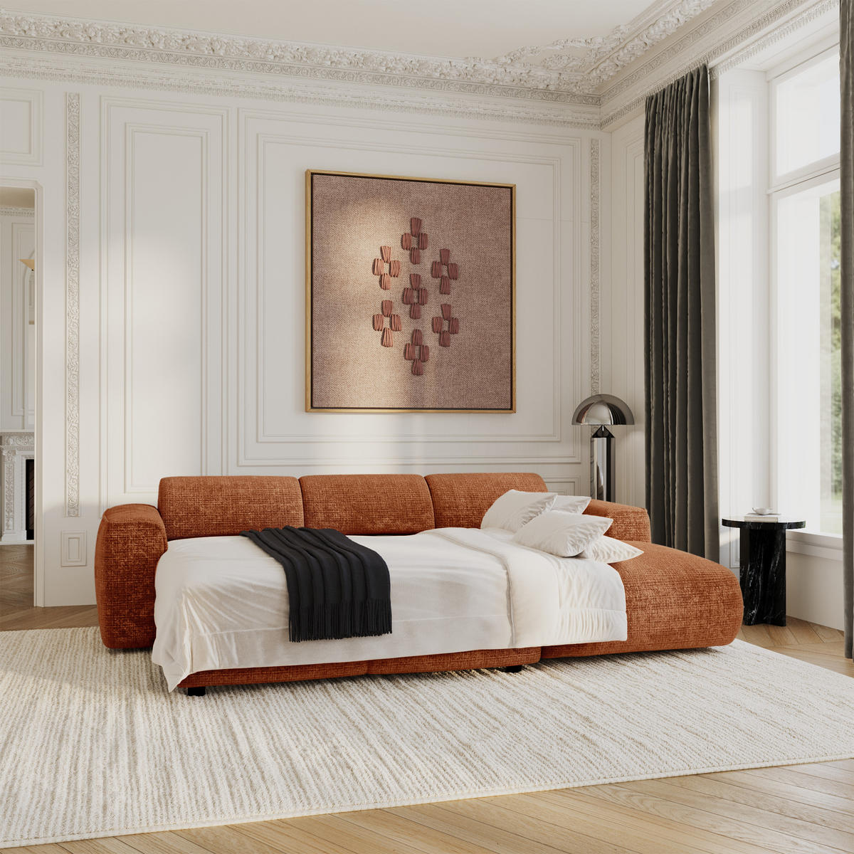 ECKSCHLAFSOFA Geprägter Samt Terracotta 283cm - Dunkelorange/Terracotta, Textil (283/180cm) - Sia Home
