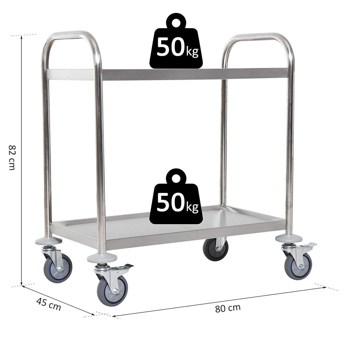 KÜCHENWAGEN, Zweistöckiger Edelstahl-Rollwagen, 80 x 45 x 82 cm, Silber - Multicolor, Metall (80/82/45cm) - FORIOUS