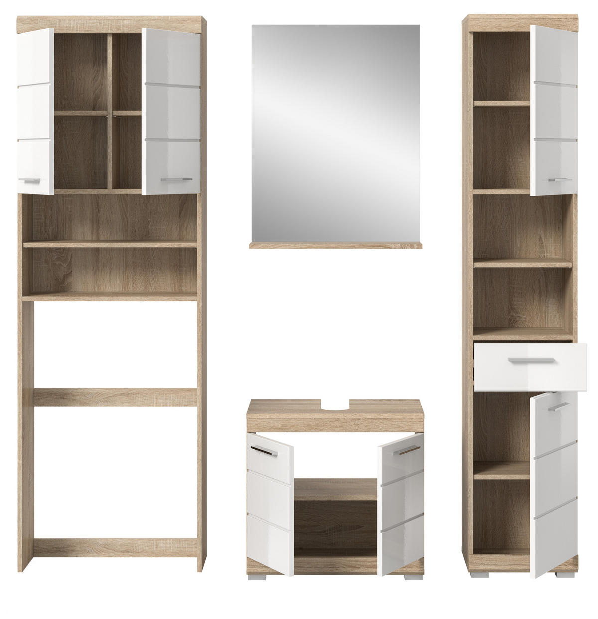 BADMÖBEL-SET weiß Hochglanz, Eiche 4-teilig 190 cm, Komplettset mit viel Stauraum - Weiß Hochglanz/Eichefarben, Glas/Holzwerkstoff (190/191/34cm) - Inn.Furn