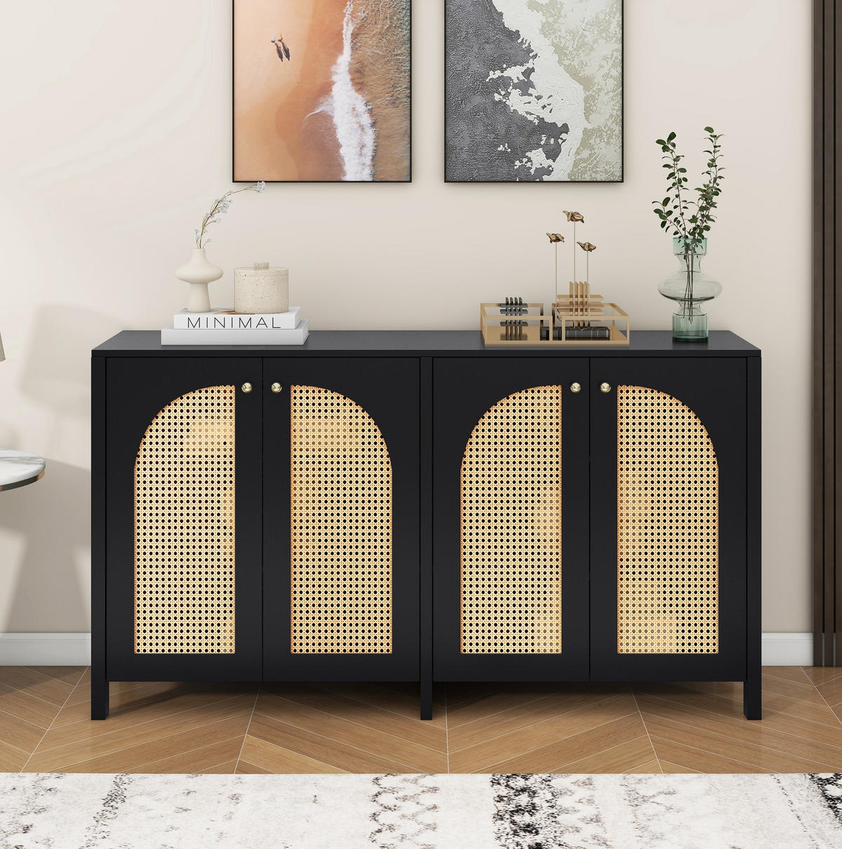 SIDEBOARD 145/80/40 cm Schwarz aus MDF mit 4 Rattantüren - Schwarz, Holzwerkstoff (80/40/145cm) - OKMYHOME