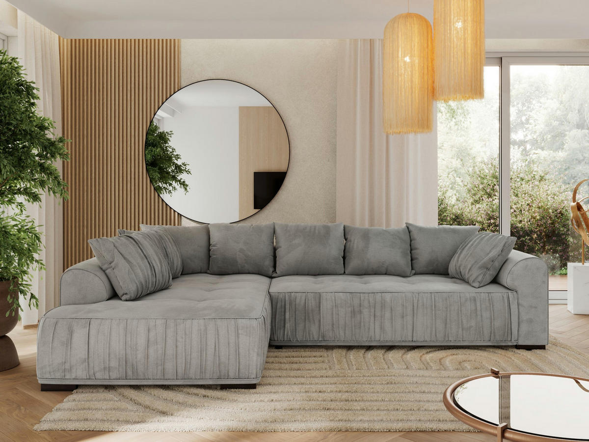 ECKSOFA ORTA Hellgrau Velvet - Links - Hellgrau/Schwarz, Textil (325/200cm) - MKS