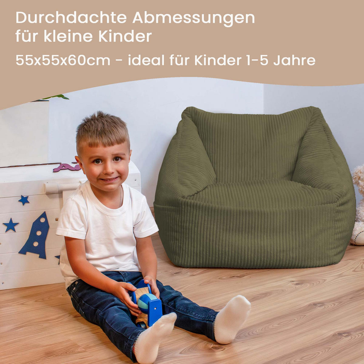 SITZSACK-SESSEL Bambino 55/60/55 cm, weicher Cord 380 g/m², mit Griff & Seitentasche, Olivgrün - Olivgrün, Textil (55/55/60cm) - Dreamroots