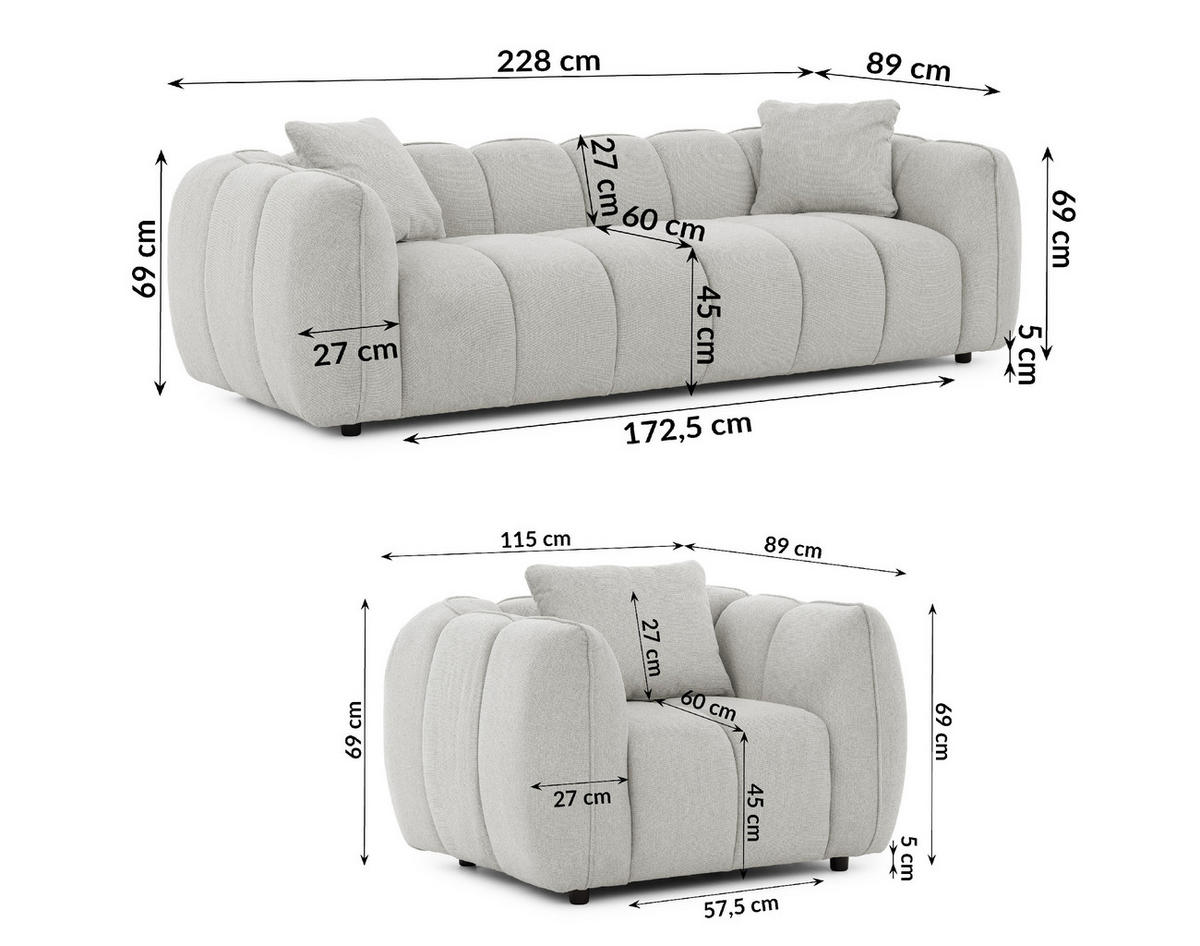 SITZGARNITUR 3+1 Nubira in tief gesteppter Bubble-Optik aus weichem Hellgrau Strukturstoff im modernen Design - Hellgrau/Schwarz, Holz/Kunststoff (228/69/89cm) - S-Style Möbel