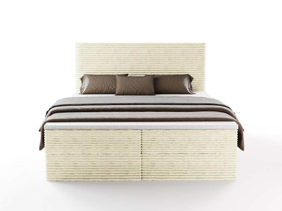 BOXBETT RAVENO mit Bettkasten 160x200 cm inkl. Bonell-Federkernmatratze H3 und Topper – Polsterbett Stoff ASTI Creme - Creme, Textil (160/200cm) - Luxkor24