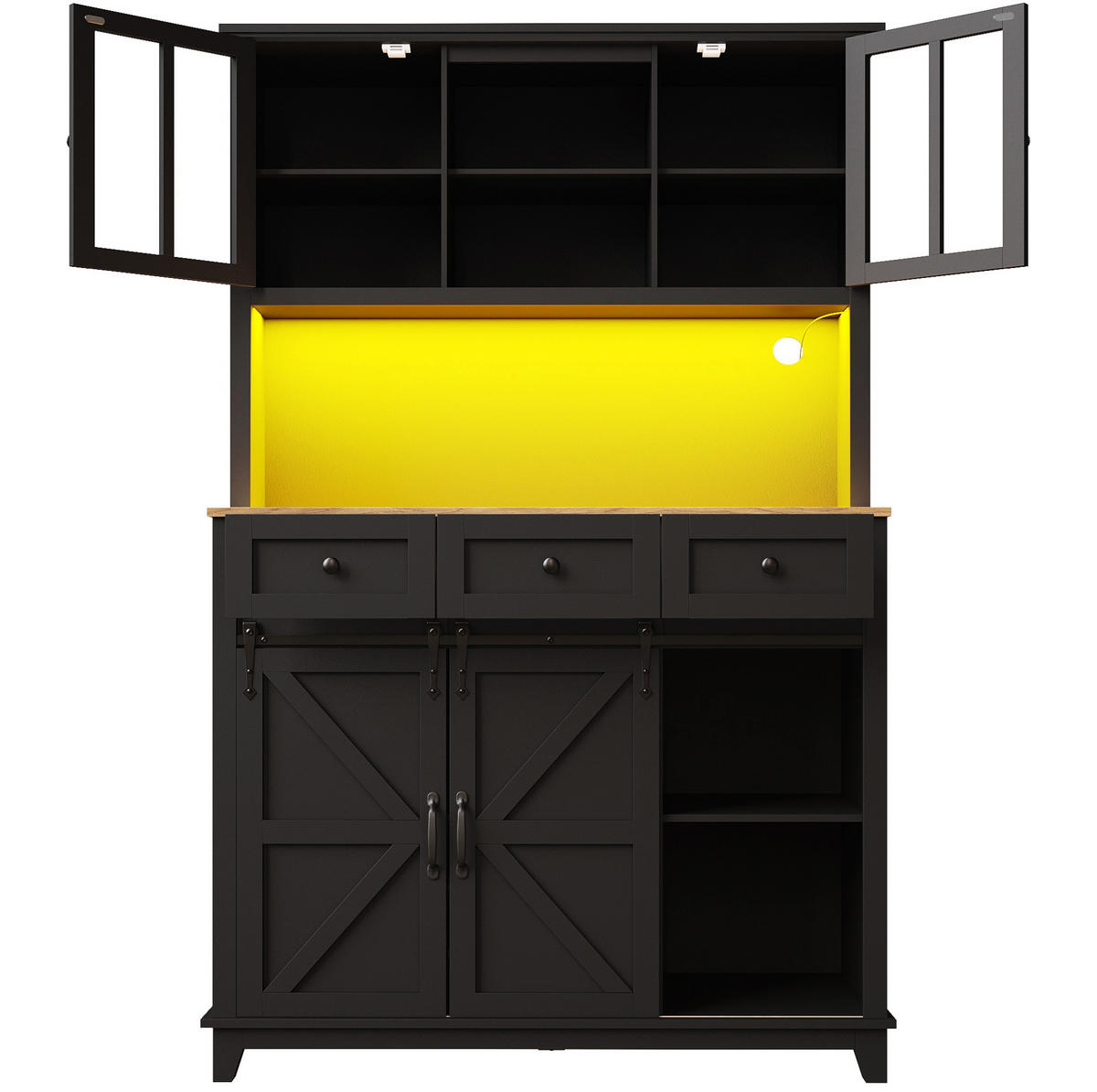 BUFFETSCHRANK 105/38,4/180 cm aus MDF mit LED-Beleuchtung, Schiebetür im Scheunenlook und verstellbaren Ablagen, Schwarz - Schwarz, Holzwerkstoff (105/180/38.4cm) - Redom