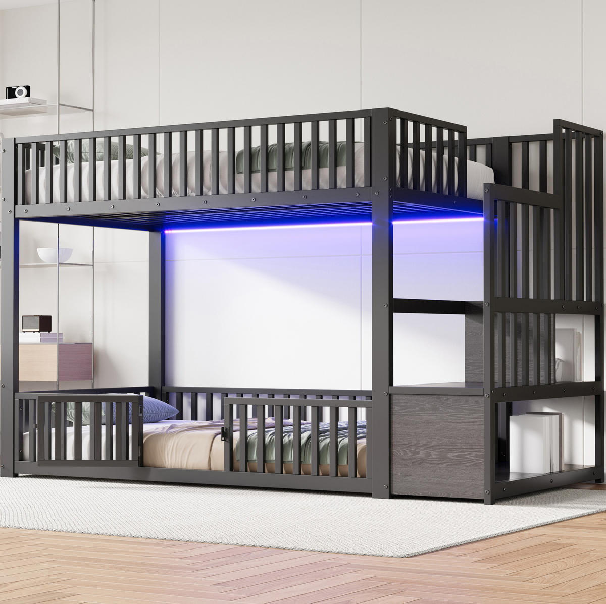 ETAGENBETT 90/200 cm mit LED-Beleuchtung, Stauraumleiter und Schutzgitter, Metall & MDF, Schwarz - Schwarz, Holzwerkstoff (90/200cm) - Redom