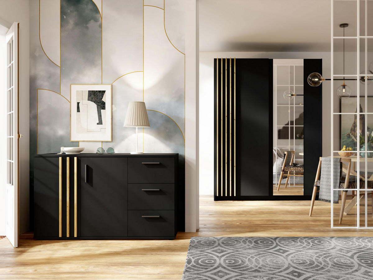 KOMMODE TECTONIC 119,8/72,7/35cm mit 3 Schubladen 2 Türen Schwarz - Schwarz, Holzwerkstoff (119.8/72.7/35cm) - MASSENO