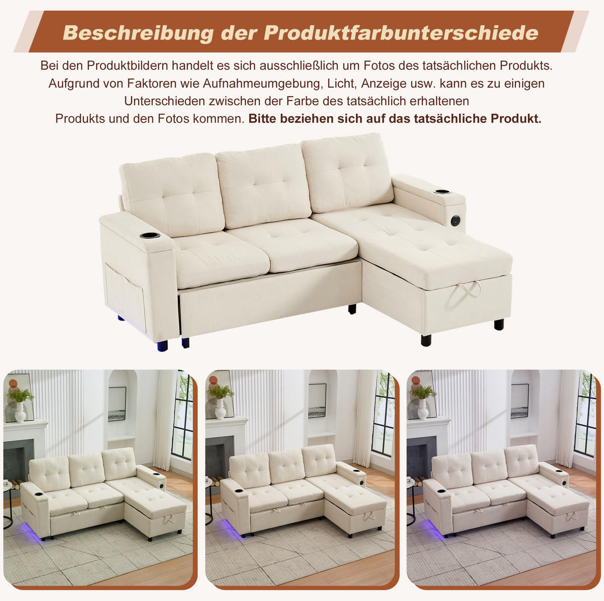 SCHLAFSOFA, Stoff mit Stauraum & LED-Lichtleiste, 208/146/89,5 cm, Beige - Beige, Textil (146/89.5/208cm) - Redom