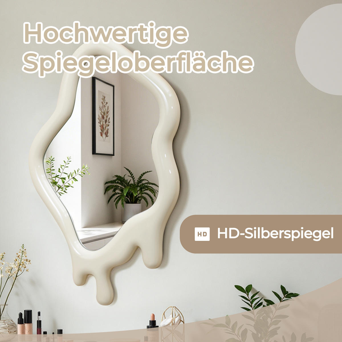 ASYMMETRISCHER Spiegel mit Holzrahmen 75×50 cm - Creme, Glas/Holz (50/3.5/75cm)