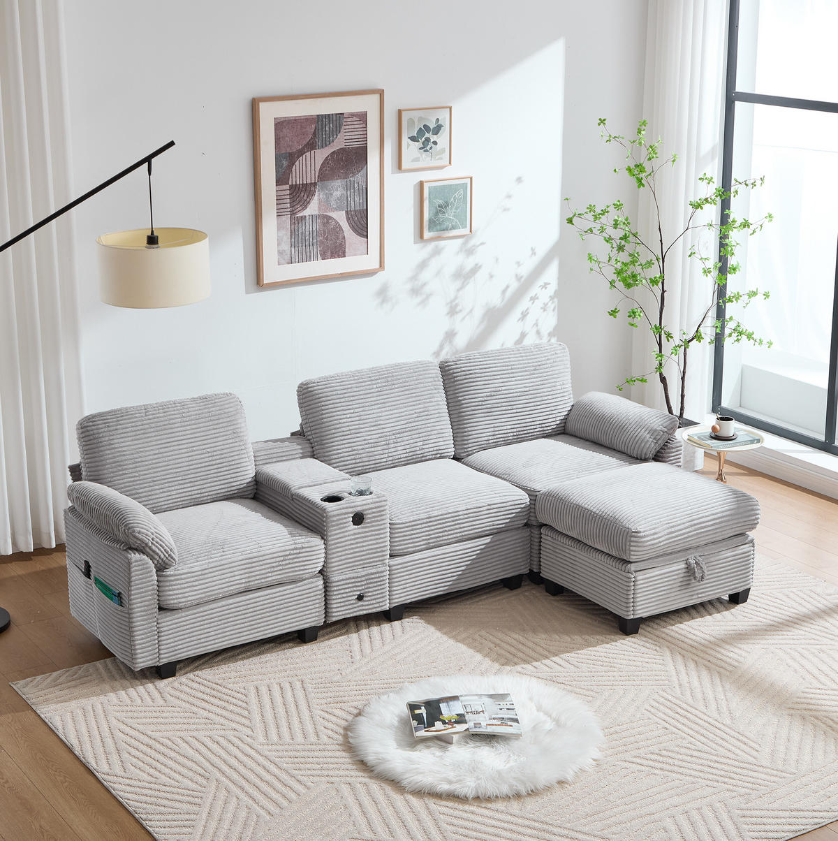 WOHNLANDSCHAFT Cord mit Stauraum und USB-Anschluss 266/136/82 cm Hellgrau - Hellgrau, Textil (136/82/266cm) - Redom