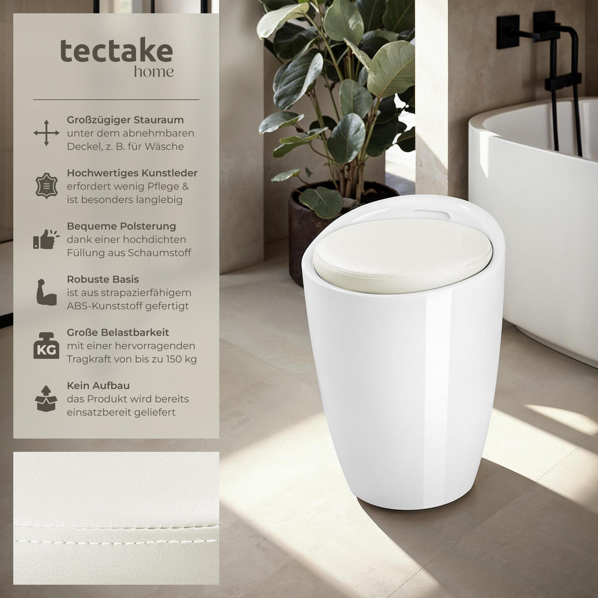 SITZHOCKER ,36 x 51 cm,weiß - Weiß, Kunststoff (36/51/36cm) - tectake