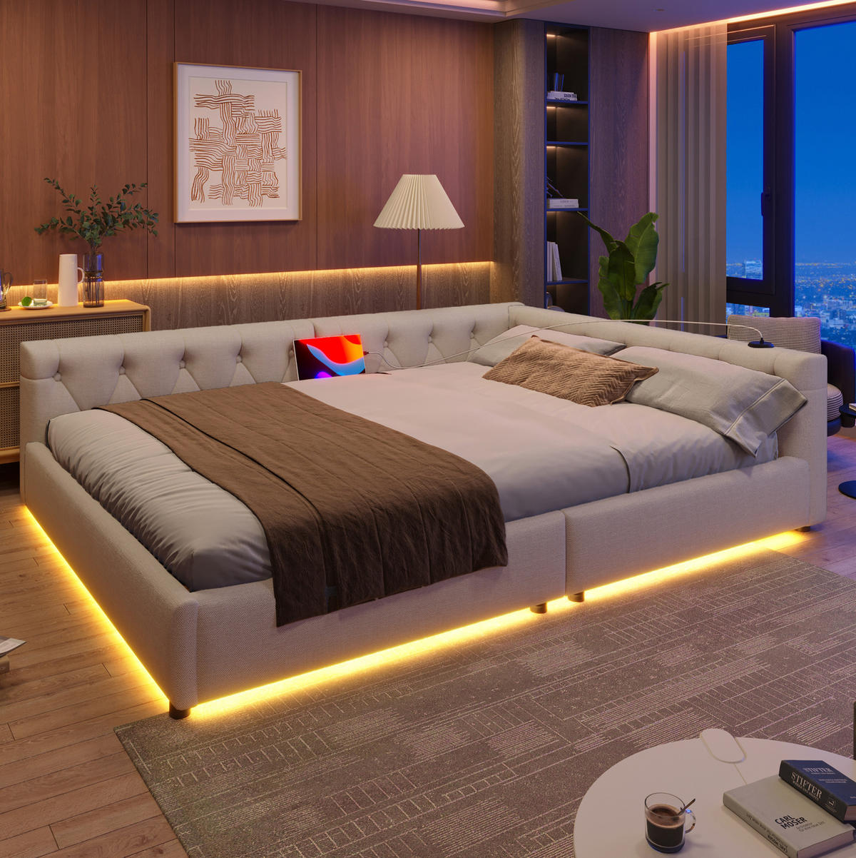 POLSTERBETT 140/200 cm aus Leinen mit LED-Beleuchtung und USB- und Type-C-Anschlüssen - Beige, Textil (140/200cm) - Flora Grace