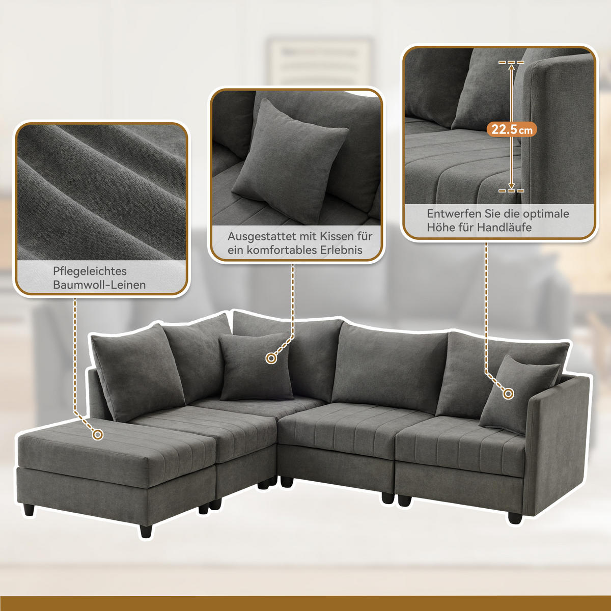 ECKSOFA 220/194/85 cm Grau mit umwandelbarem Fußhocker - Grau, Textil (220/194cm) - Oxeza