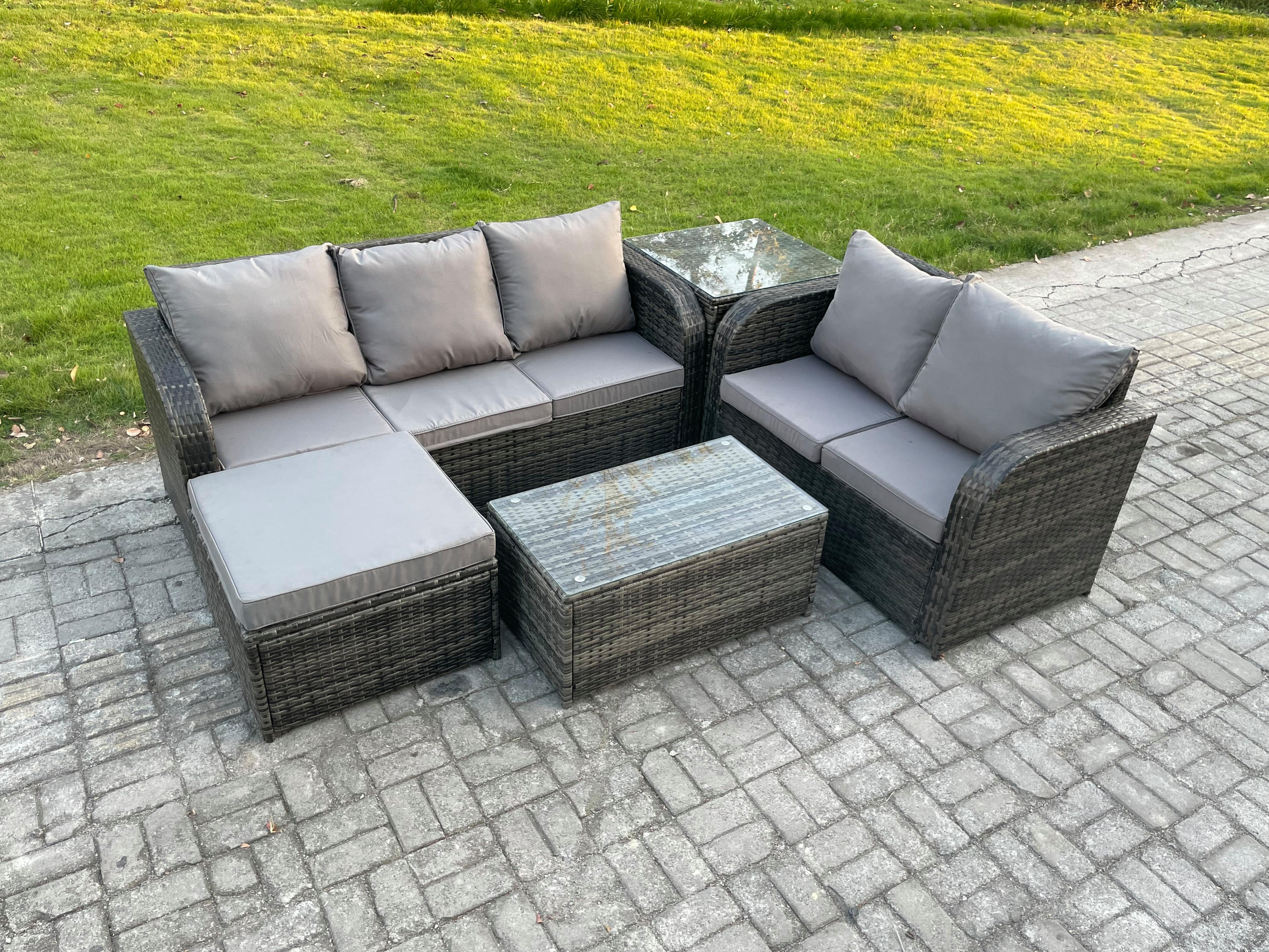 GARTENMÖBELSET mit Couchtisch Polyrattan 6-Sitzer - Dunkelgrau/Grau, Glas/Kunststoff - Fimous