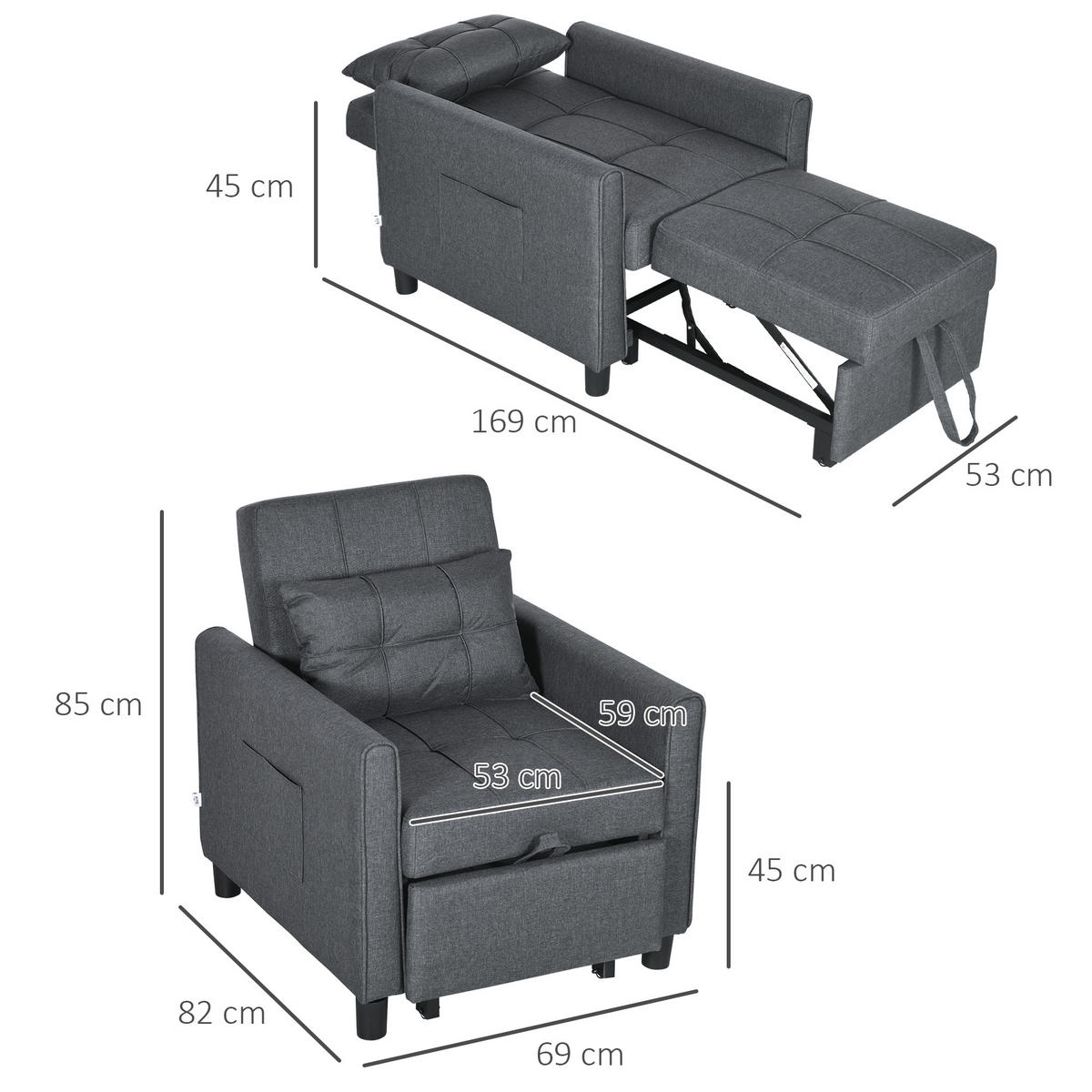 SCHLAFSESSEL 3-in-1 DE-14606 mit 3-fach verstellbarer Rückenlehne Grau - Grau, Metall (69/85/82cm) - ComfortXL