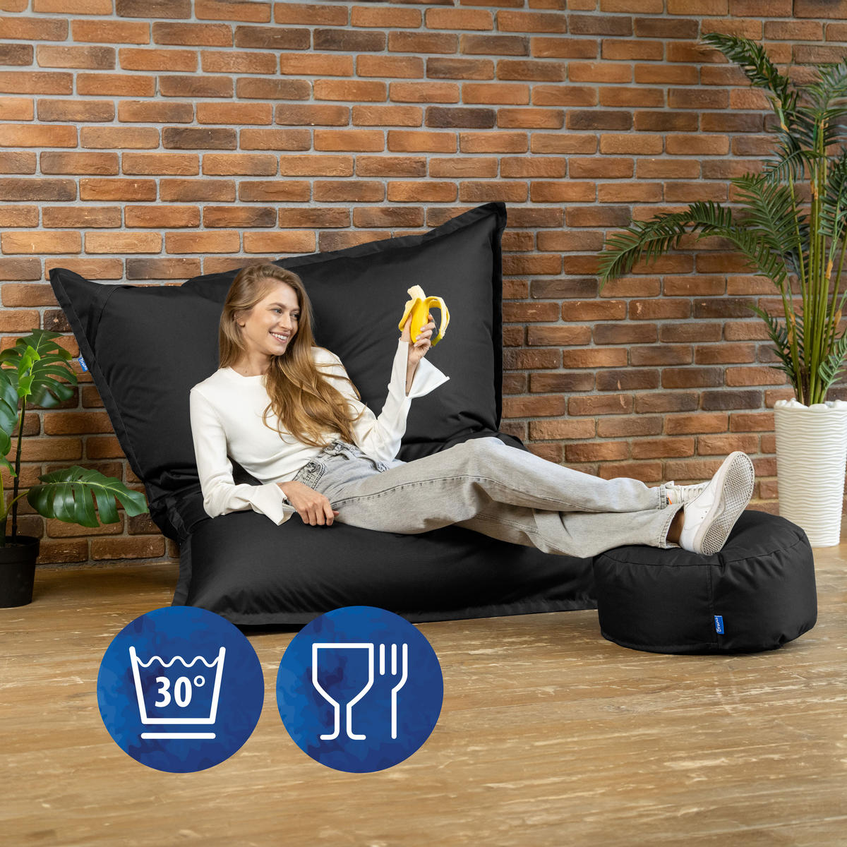 SITZSACK XXL Caree schwarz, 140x180cm groß für Outdoor - Schwarz, Textil (180/140/30cm) - Bruni