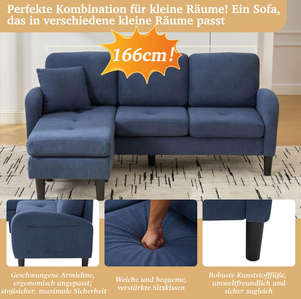 ECKSOFA 166/118/77 cm Blau aus Cordstoff mit Chaiselongue - Blau, Textil (118/166cm) - OKMYHOME