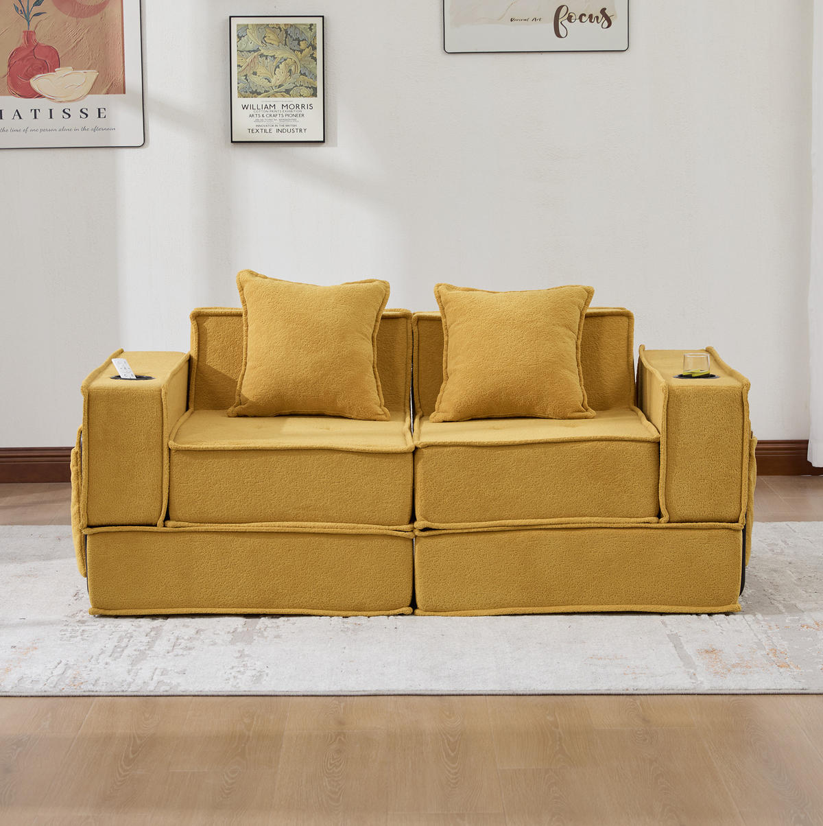 2-SITZER-SOFA 162/78/66 cm mit 2 Kissen, Seitentaschen und modularer Chenille-Polsterung, Senfgelb - Gelb, Textil (162/66/78cm) - Redom
