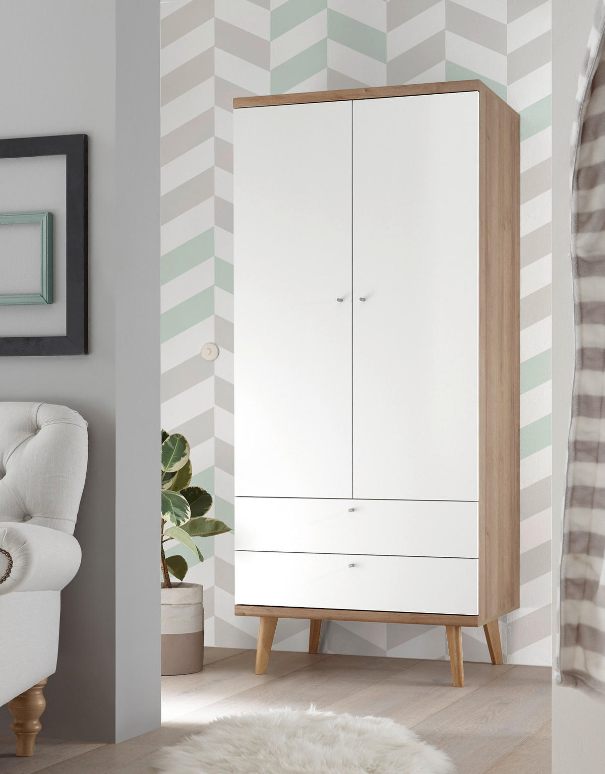 KLEIDERSCHRANK weiß, Eiche Riviera, Drehtürenschrank 2-türig skandinavisch, 80 x 197 cm - Eichefarben/Weiß, Holz/Holzwerkstoff (80/197/56cm) - Furn.Design