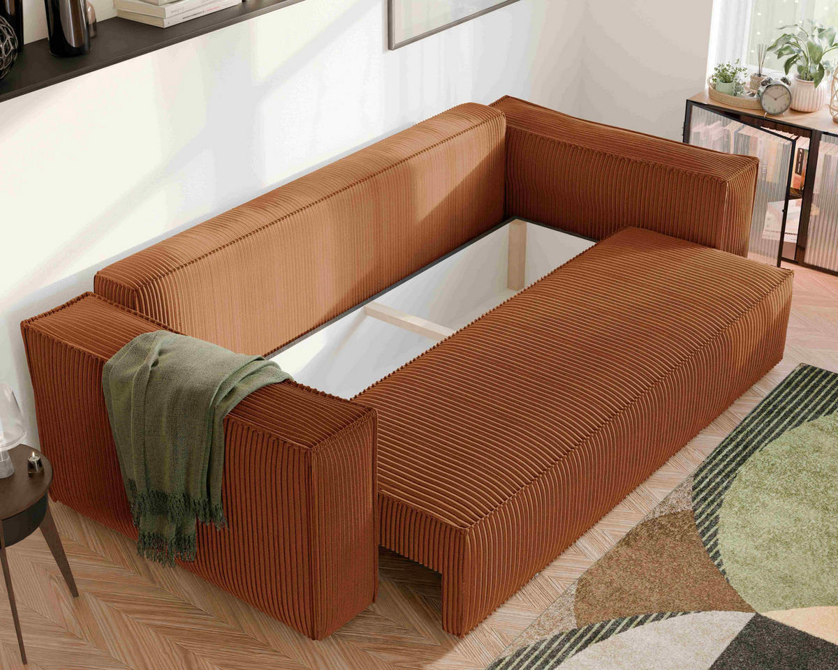 SOFA mit Schlaffunktion und Bettkasten, Ziegelrot - Orange, Holzwerkstoff/Textil (240/84/105cm) - Idohome