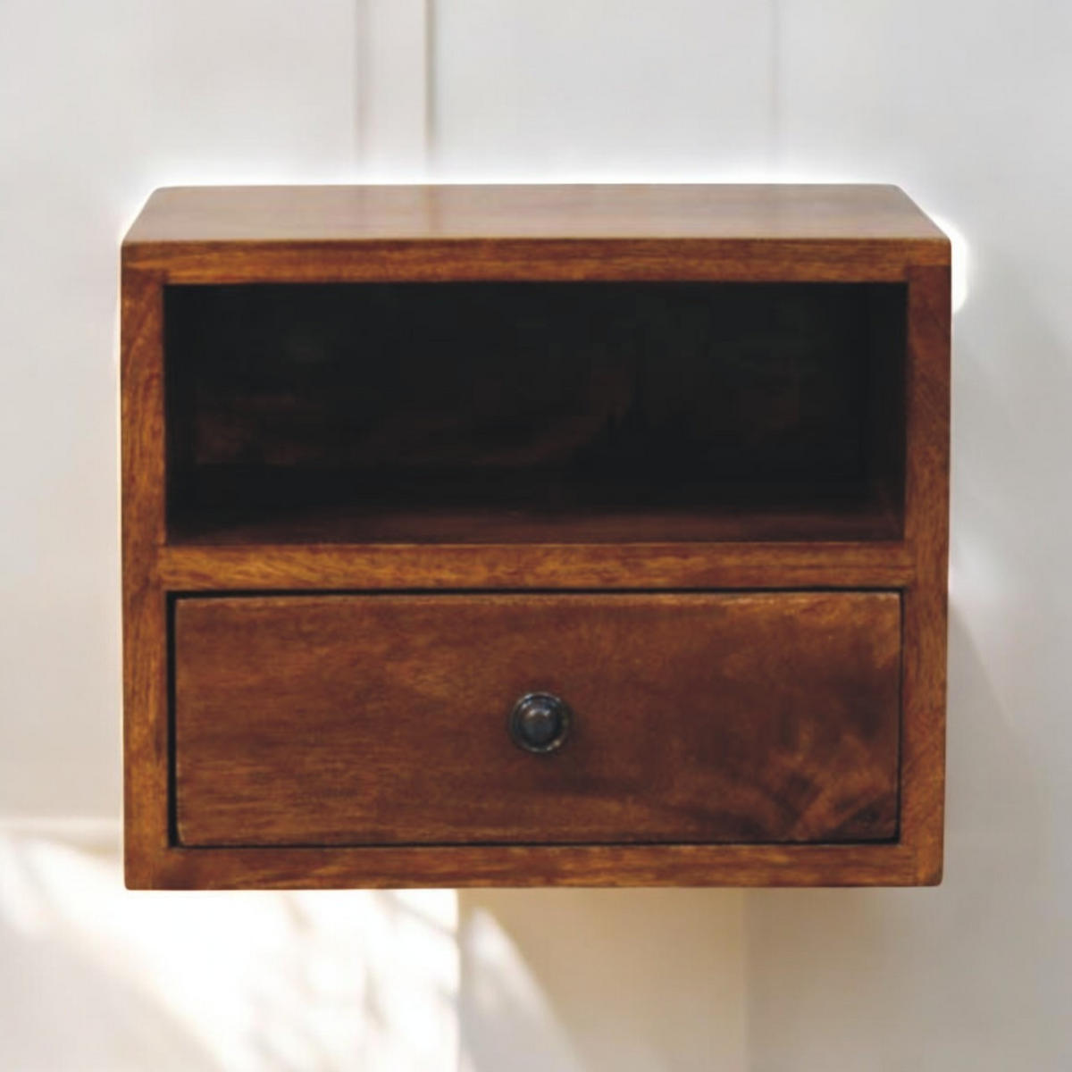 NACHTTISCH Massivholz Solis Chestnut Wand-Nachttisch, 1 Schublade, 1 offenes Fach, dunkelbraun - Messingfarben/Braun, Holz/Metall (30/24/25cm) - Artisan Furniture