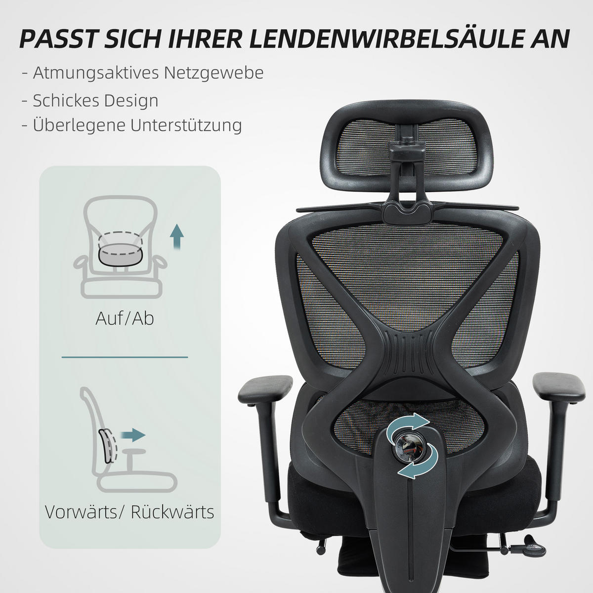 BÜROSTUL, Ergonomischer Schreibtischstuhl - Schwarz, Kunststoff (70/130/71cm) - HOMCOM