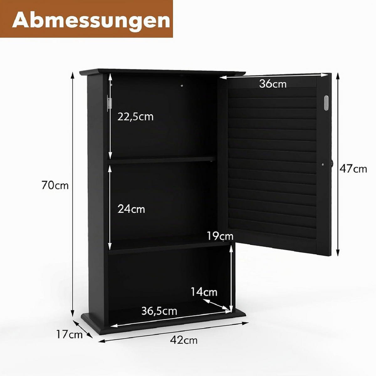 BAD-HÄNGESCHRANK mit verstellbarem Einlegeboden schwarz - Schwarz, Holzwerkstoff (42/70/17cm) - COSTWAY