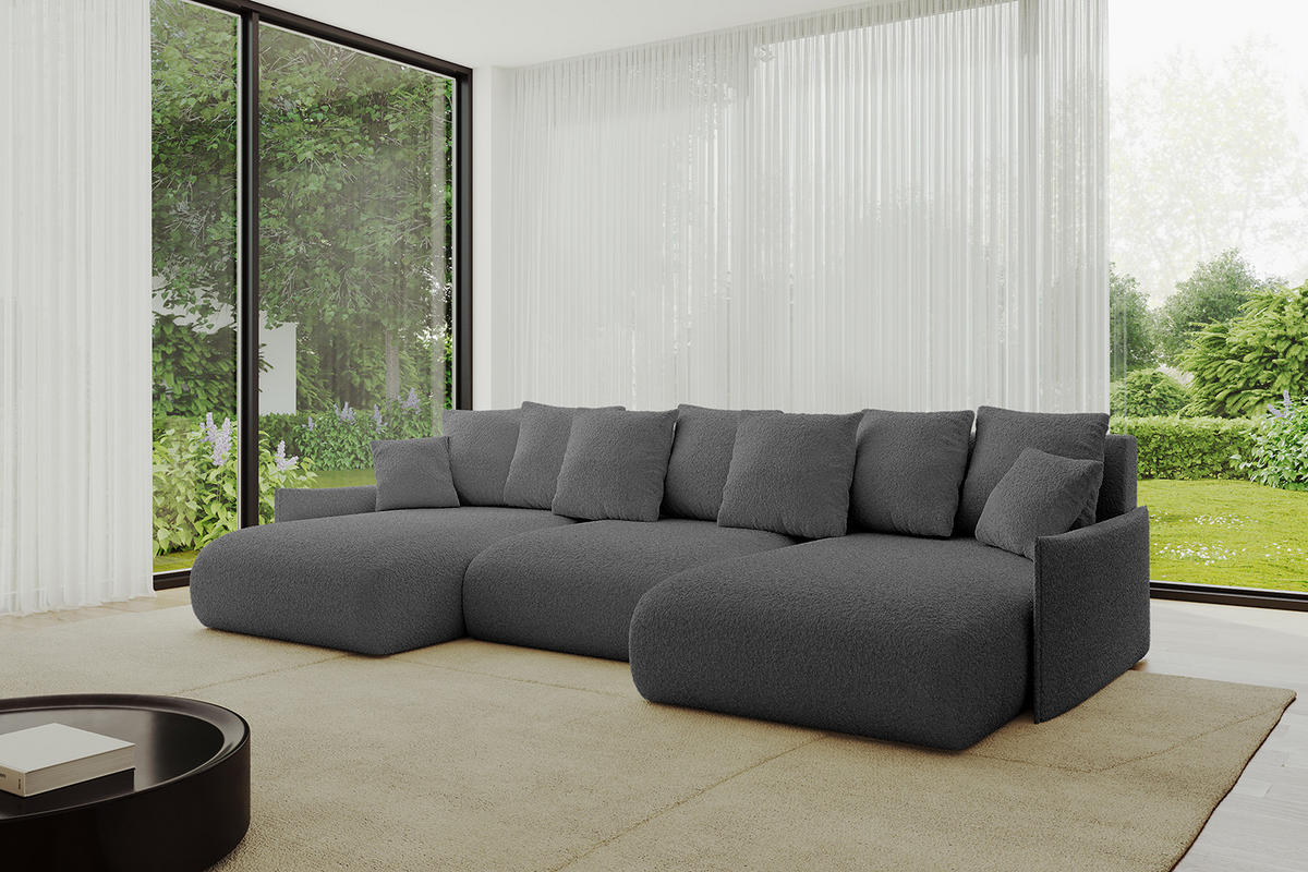 WOHNLANDSCHAFT mit Schlaffunktion und Bettkasten ONESK-U-v1 304x165x40 Grau Bouclé - Grau, Holzwerkstoff/Kunststoff (304/90/165cm) - ALTDECOR