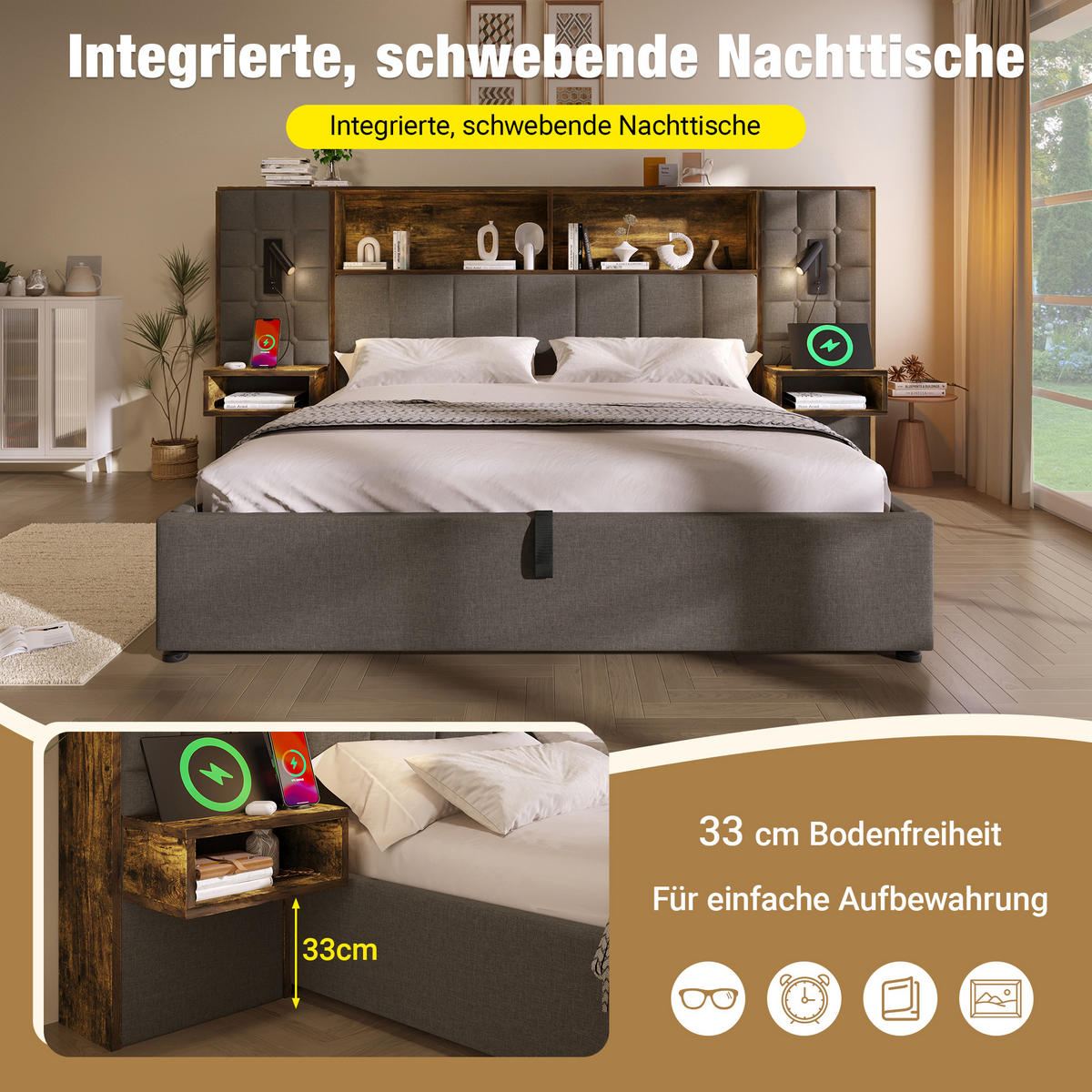 POLSTERBETT 160/200 cm in Grau mit Stauraum, LED, Leselampen, Nachttischen und USB/Type-C - Grau, Holzwerkstoff/Textil (160/200cm) - WISHDOR