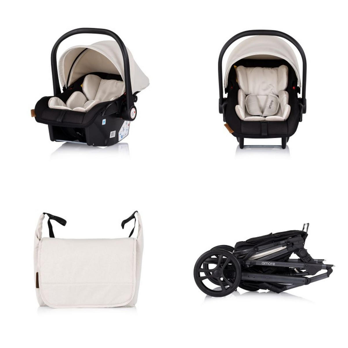 KOMBIKINDERWAGEN Amore 3 in 1 creme Babyschale Adapter Wickeltasche Fußabdeckung - Creme, Metall (95/63/105cm) - Chipolino