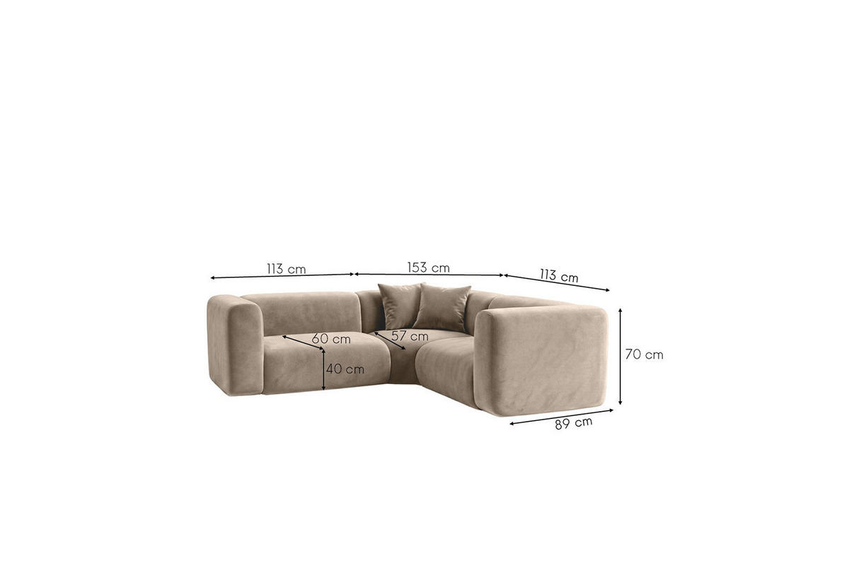 ECKSOFA Modulares, Corner Mini, Velvet-Stoff Bluvel, Latte, GRETA - Hellbraun, Holz (190/190cm) - Kaiser Möbel