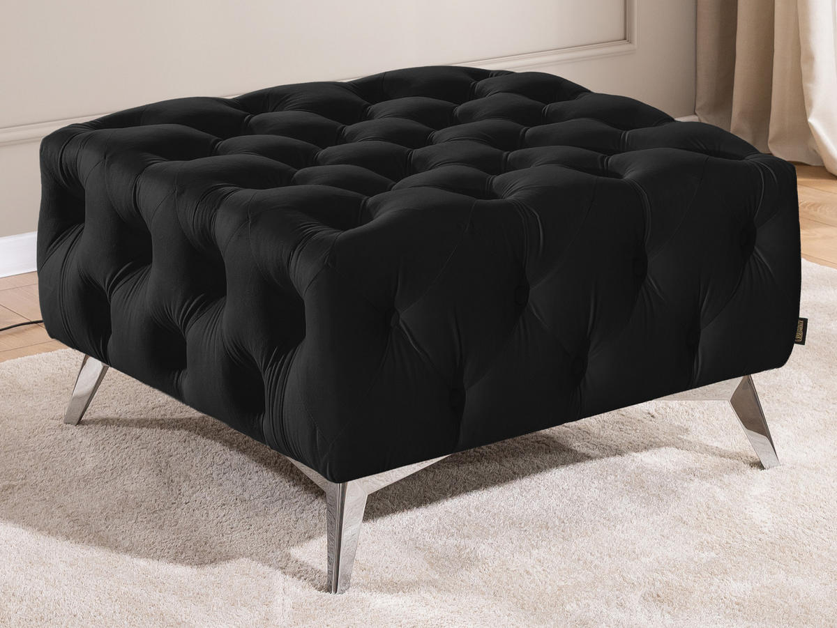 HOCKER Chesterfield Whitby Schwarz Samt mit silbernen Füßen - Silberfarben/Schwarz, Holz/Textil (80/45/80cm) - S-Style Möbel