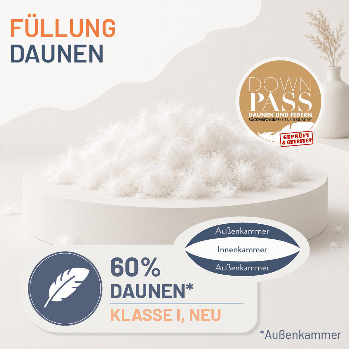 KOPFKISSEN 80x80 cm weich & stützend, 3-Kammer Daunenkissen 60% Daunen (Außen) - Weiß, Textil (80/80cm) - casimum