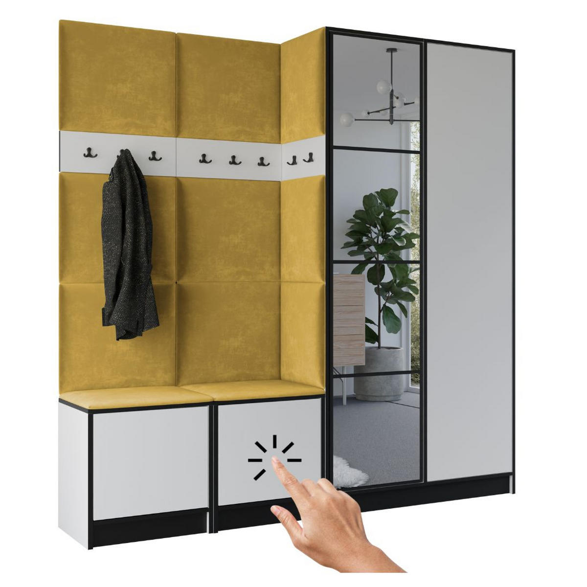 GARDEROBENSCHRANK EDEN 21 mit Spiegel - Weiß - Stoff Gelb - Gelb/Weiß, Holzwerkstoff (211/205/39cm) - Kier Furniture