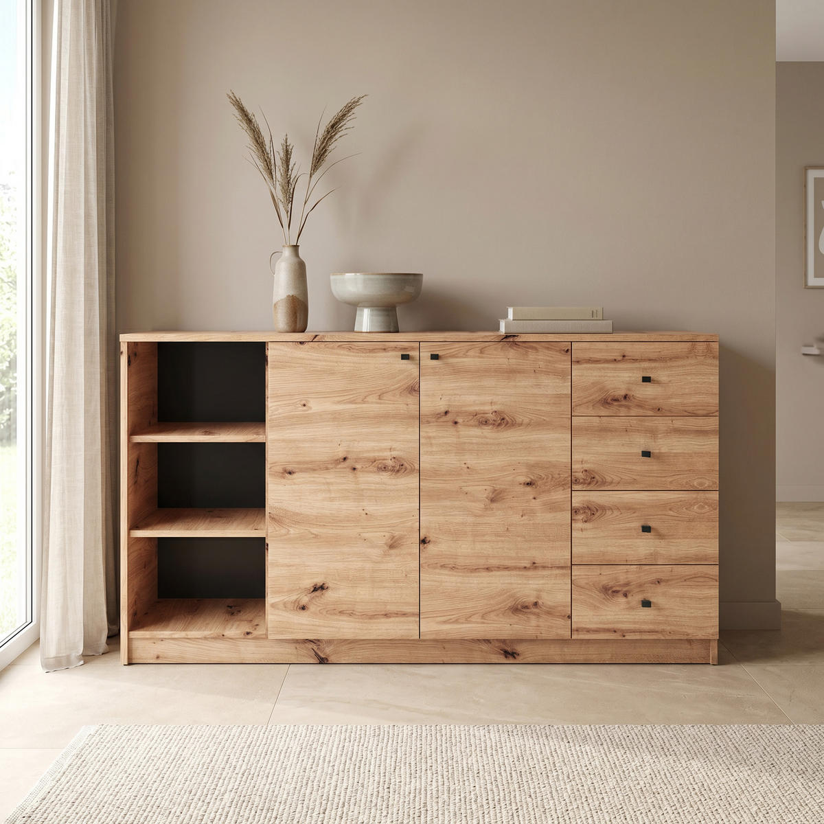 KOMMODE NATURIO 160/87/40cm mit 4 Schubladen 3 Türen Eiche Artisan - Eiche Artisan, Holzwerkstoff (160/87/40cm) - MASSENO