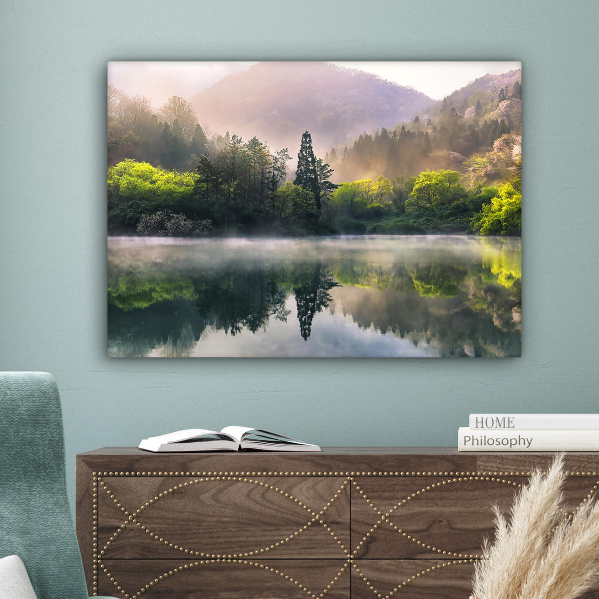 LEINWANDBILD Natur - Bäume - Berge - See - Wasser Wandbilder 80x60 cm - Hellgrün, Textil (80/60cm) - MuchoWow