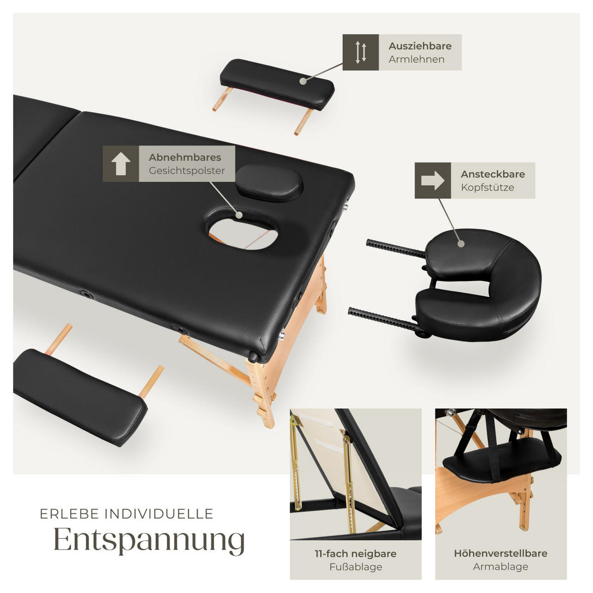 MASSAGELIEGE 3 Zonen Daniel,210 x 95 x 84 cm,schwarz - Schwarz, Holz (61/62/185cm) - tectake