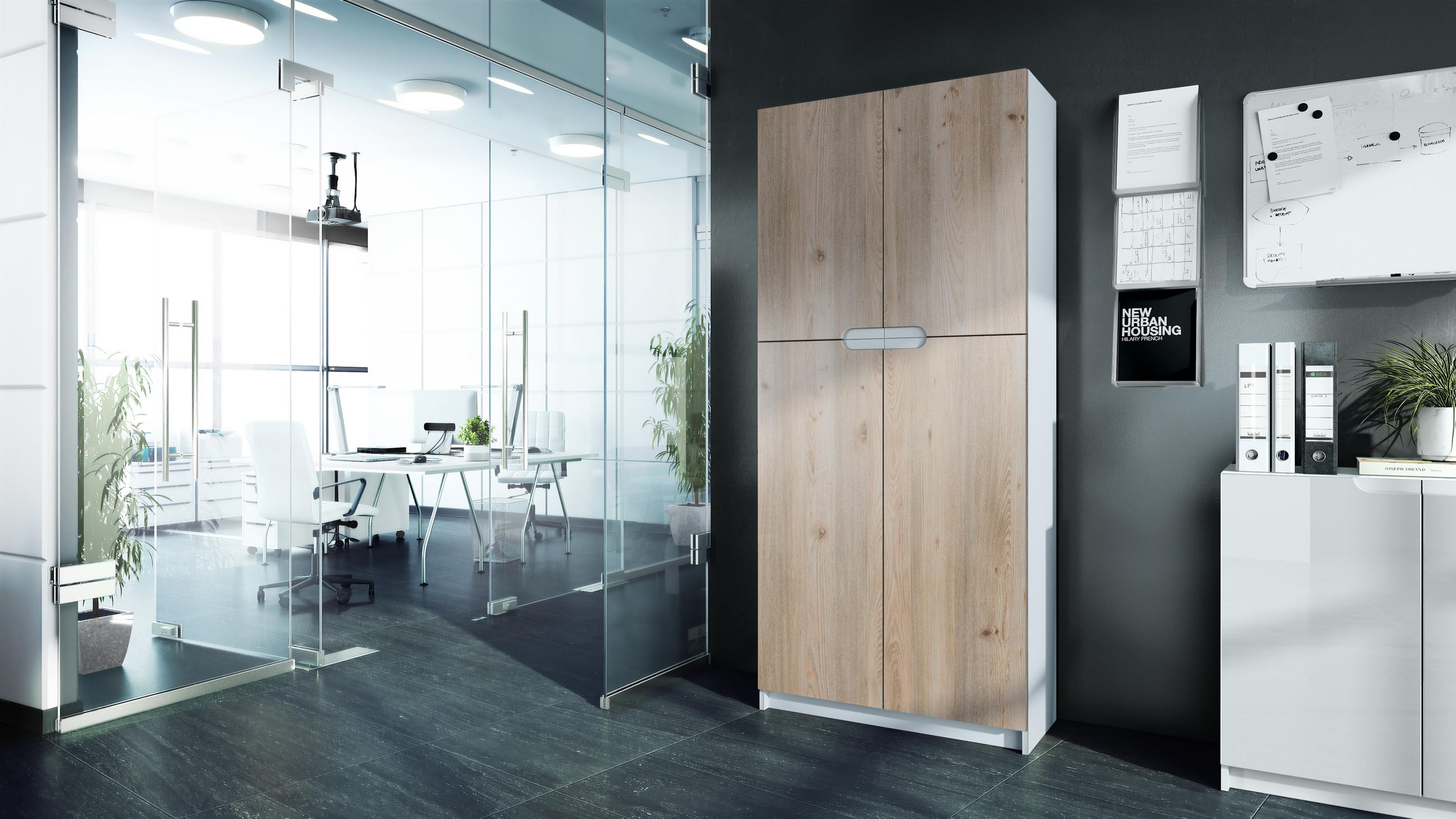 BÜROSCHRANK Logan Fronten in Eiche Nordic - Silbereichenfarben, Holzwerkstoff (82/185/37cm) - Vladon