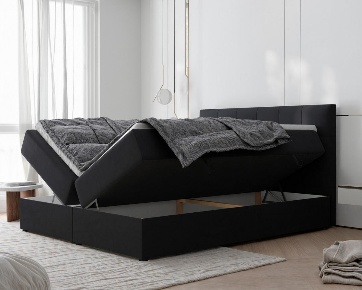 BOXBETT RENZO 200/200 cm mit Matratze und Topper, Schwarz - Schwarz, Holzwerkstoff/Textil (200/200cm) - Idohome