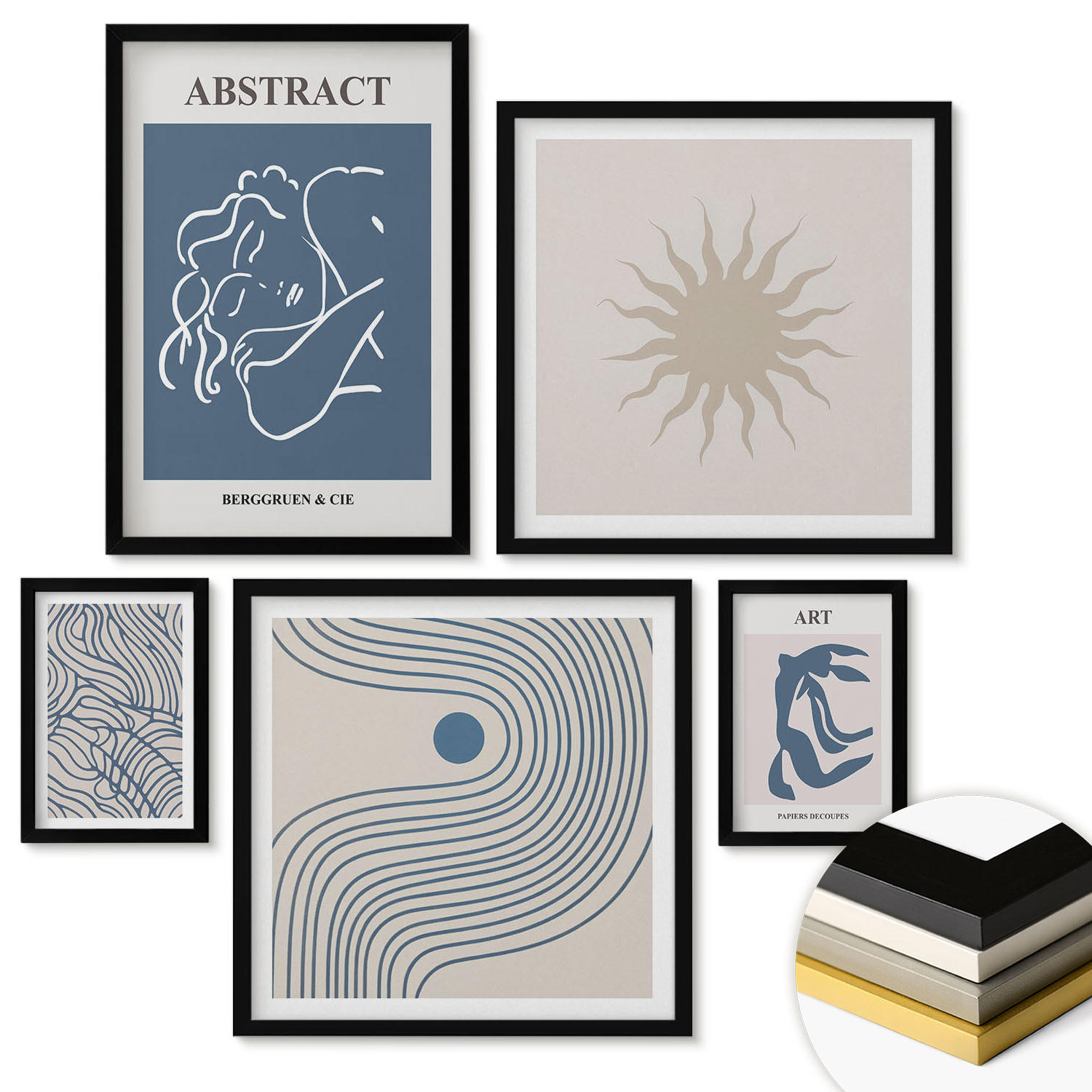 WANDBILDER 5er-Set - 50x50 cm & 20x30 cm & 40x60 cm Schwarzer Rahmen - Matisses stilvolle abstrakte Muster - Schwarz, Kunststoff (40/60cm) - ArtPrintCave