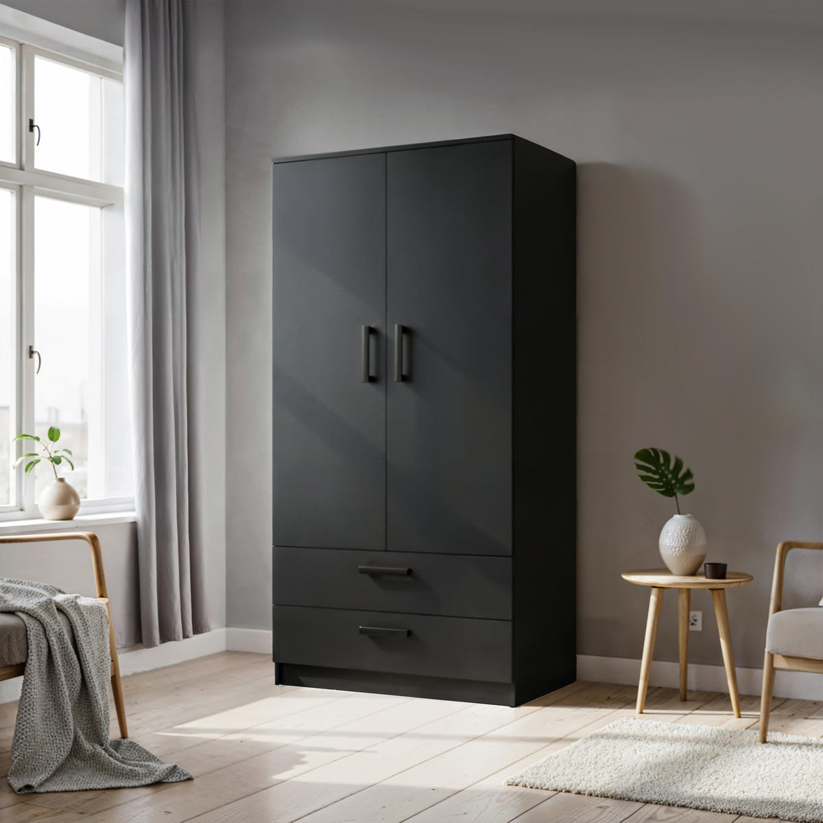 DREHTÜRENSCHRANK Tamara 90 cm, mit Schubladen, 2-türig, schwarz - Schwarz, Kunststoff (180/180/90cm) - Margaret Hadas24