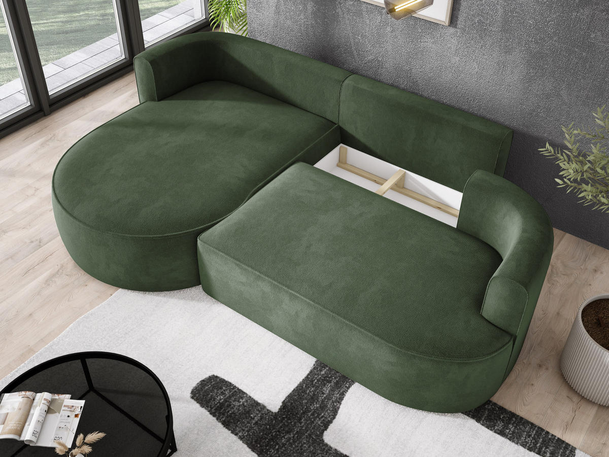 ECKSOFA FIORE-L Moderne Ausziehbare Schlaf-Funktion, automatischer Auffaltung, lose Rückenkissen freistehend LINKS 284x183x82 cm Forest green - Waldgrün, Holz/Textil (183/284cm) - DomoHome